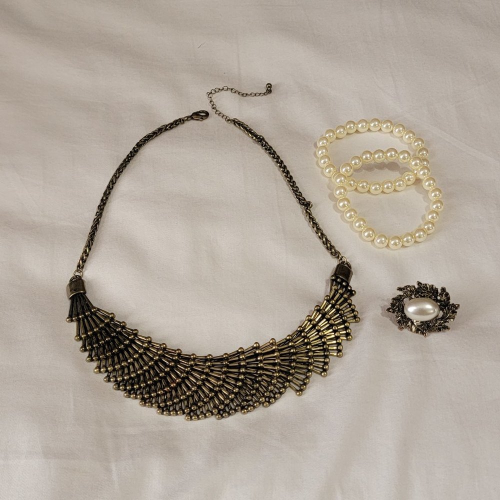 Necklace, Ring, 2 Pearl Bracelets Bundle